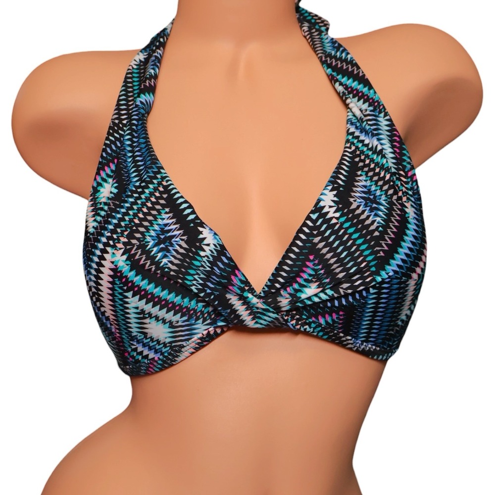 NWT Size 10 Aztec Geometric Print Twist Front Halter Bikini Top Black Turquoise